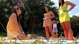 Party Girls Outdoors No Panties and with Lingerie in Miniskirt and Short Sun Dress Try On with Twister Game Play