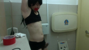 Sexy Asian Crossdresser in Black, Duct Tape Bondage from Ceiling!!