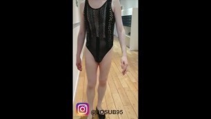 Sissy Femdom Humiliation Thong back Bodysuit in Public Window