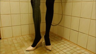 Showering in nude stiletto high heels and pantyhose