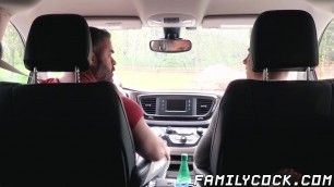 Muscular daddy bare fucking stepson in the back seat