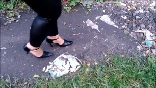 Wife walk and trash leather heels a little