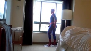 Spiderman Strips and Cums on Hotel Window